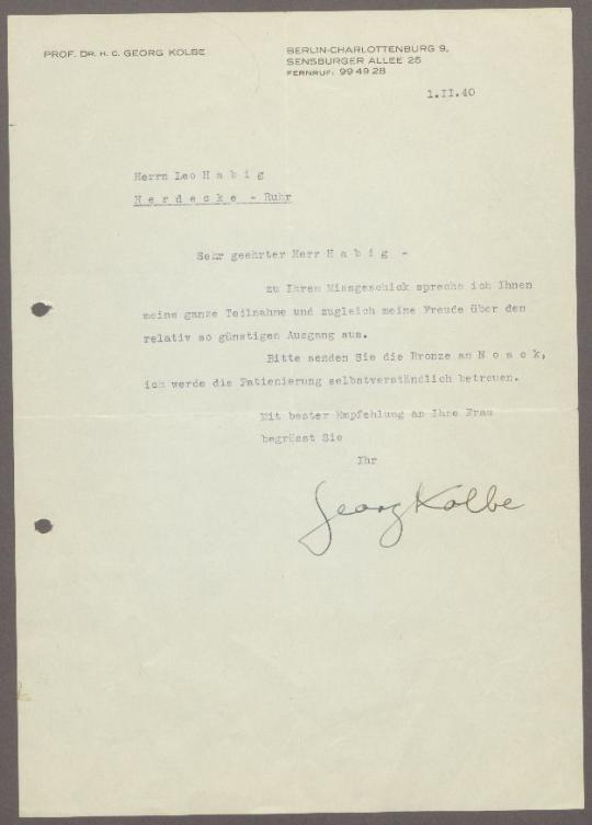 Brief von Georg Kolbe an Leo Habig