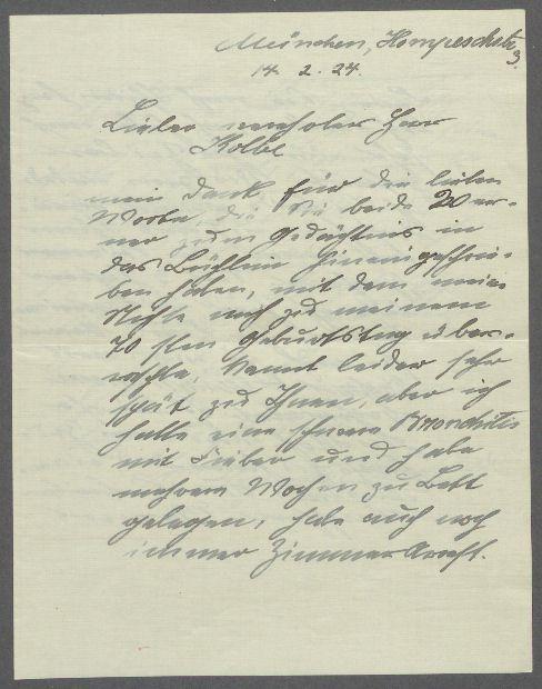 Brief von Margarete Hirschfeld an Georg Kolbe