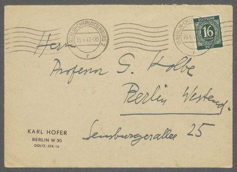 Brief von Karl Hofer [Hochschule für Bildende Künste, Berlin West] an Georg Kolbe