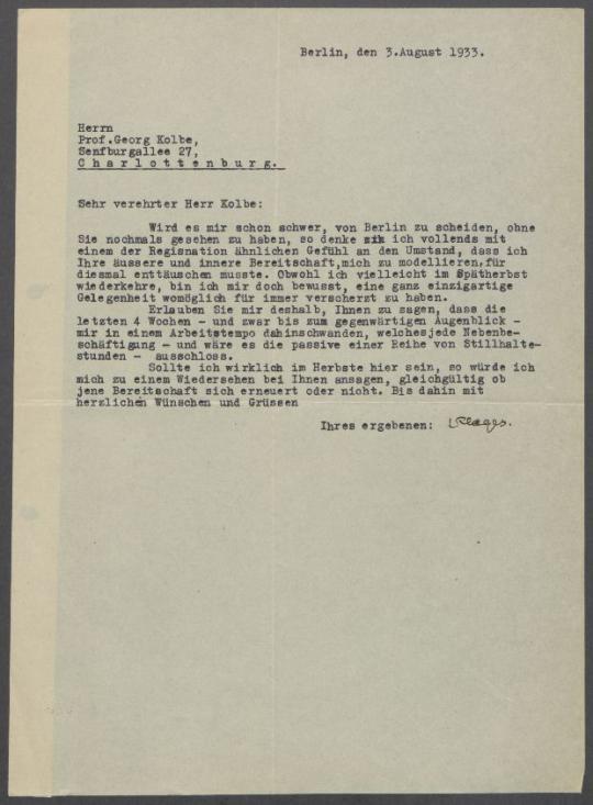 Brief von Ludwig Klages [Kaiser-Wilhelm-Gesellschaft zur Förderung der Wissenschaften] an Georg Kolbe