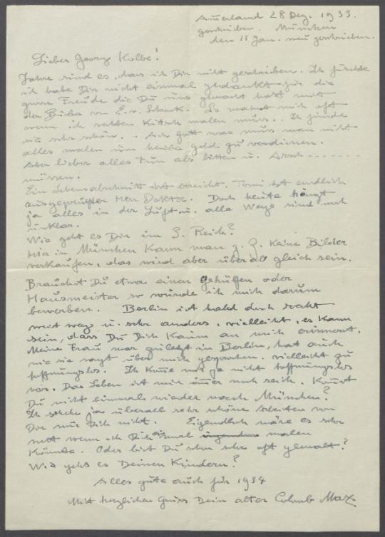 Brief von Colombo Max an Georg Kolbe