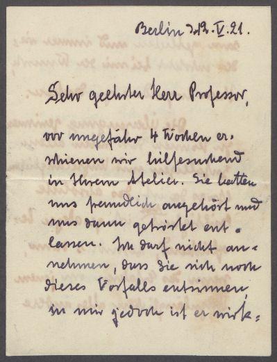 Brief von Magdalene Müller-Martin an Georg Kolbe