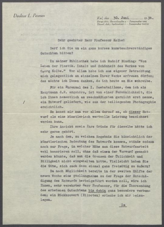 Brief von L. Petersen an Georg Kolbe
