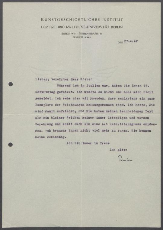 Brief von Wilhelm Pinder [Kunstgeschichtliches Institut, Berlin] an Georg Kolbe
