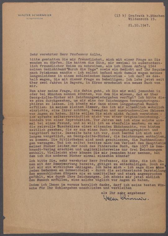 Briefe von Walter Schirmeier an Georg Kolbe