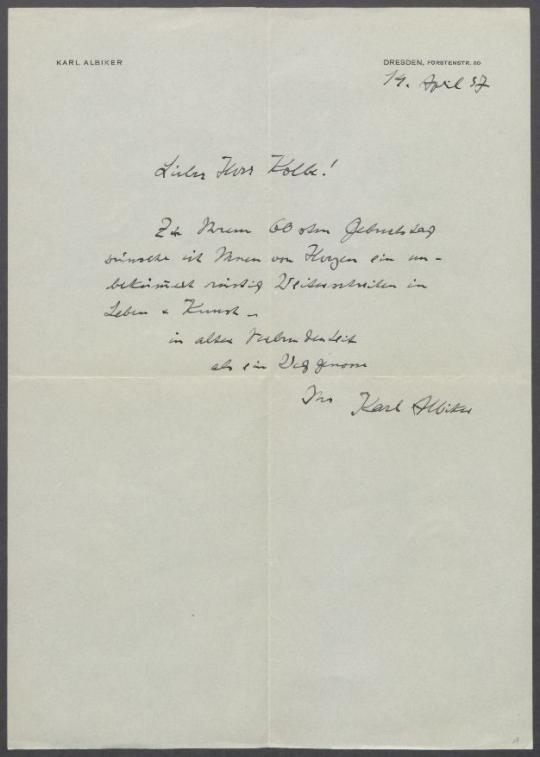 Brief von Karl Albiker an Georg Kolbe