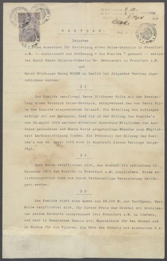 Vertrag für Heine-Denkmal von 1913