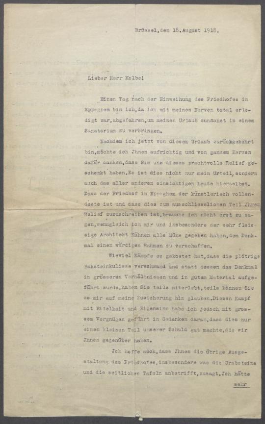 Brief von Hermann von Wedderkop an Georg Kolbe