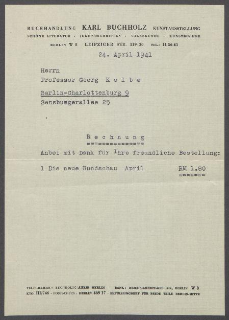 Brief von der Buchhandlung Karl Buchholz, Berlin an Georg Kolbe