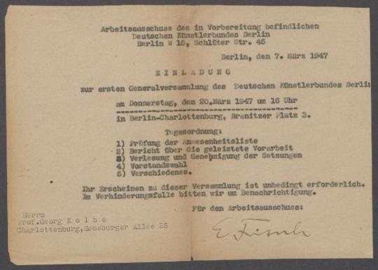 Briefwechsel zwischen Karl Hofer [Deutscher Künstlerbund], Ernst Fritsch, Mac Zimmermann und Georg Kolbe