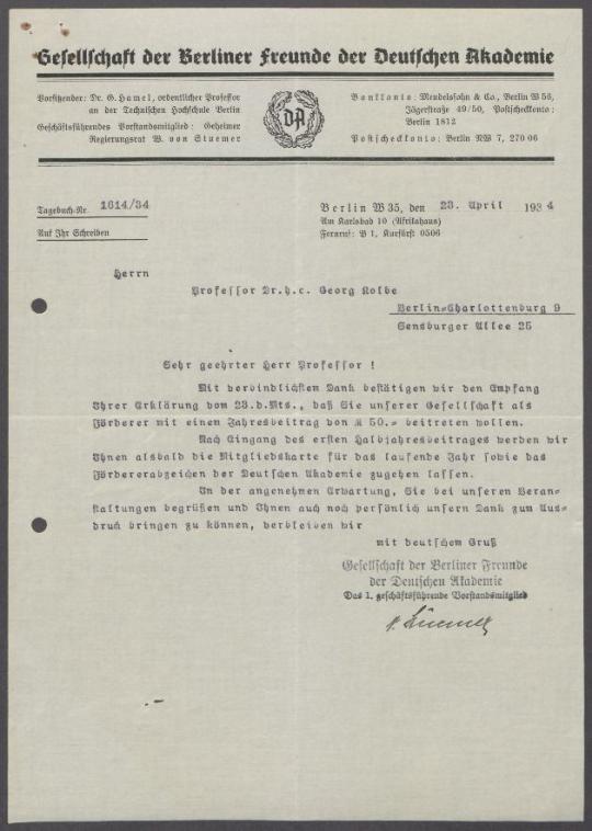 Briefe von W. von Stuemer [Gesellschaft der Berliner Freunde der Deutschen Akademie] an Georg Kolbe