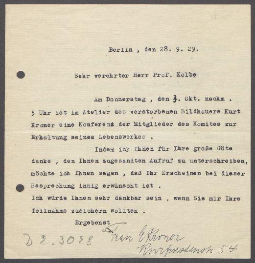 Brief von Ella Kroner [Komitee zur Erhaltung des Lebenswerkes von Kurt Kroner] an Georg Kolbe