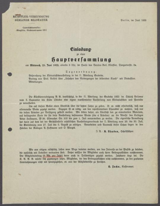 Briefe von August Kraus, Ludwig Isenbeck, Hermann Fuchs und Karl Möbius [Künstler-Vereinigung Berliner Bildhauer e.V.] an Georg Kolbe