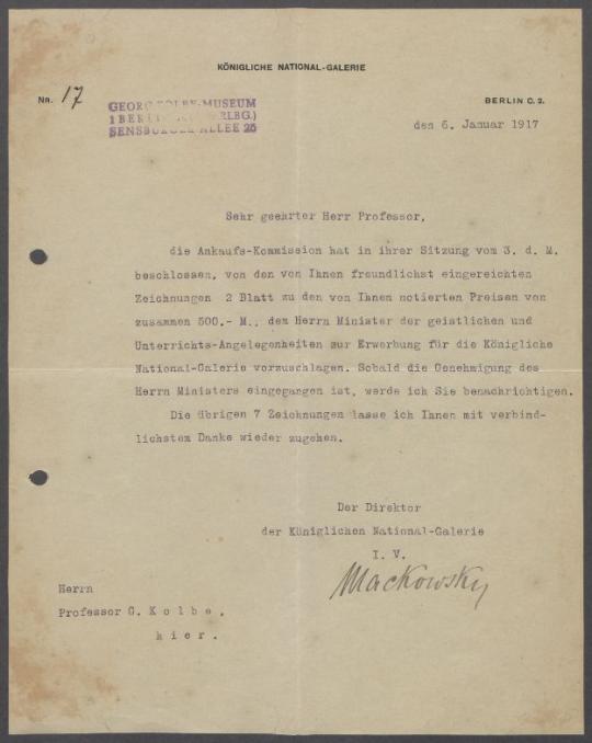 Briefe von  Hans Mackowsky [Königliche Nationalgalerie, Berlin] an Georg Kolbe
