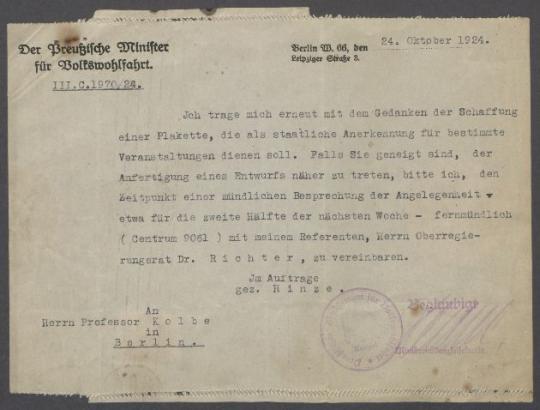 Briefe von Hinze [Preußisches Ministerium für Volkswohlfahrt, Berlin] an Georg Kolbe