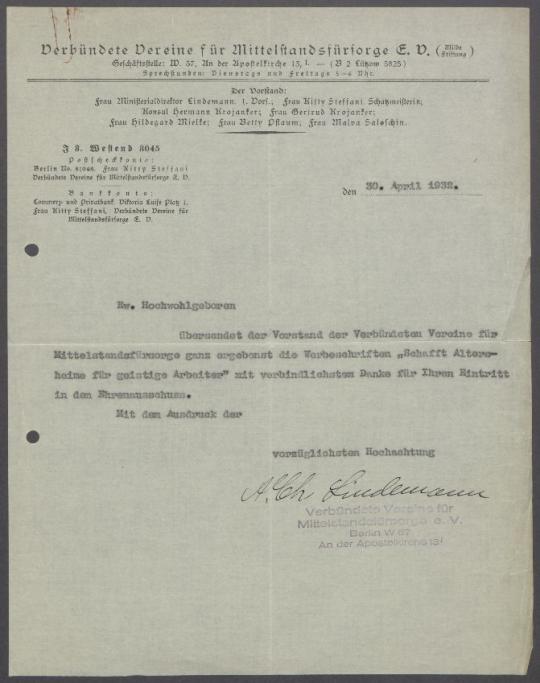 Brief von Anna Charlotte Lindemann [Verbündete Vereine für Mittelstandsfürsorge e.V]. an Georg Kolbe