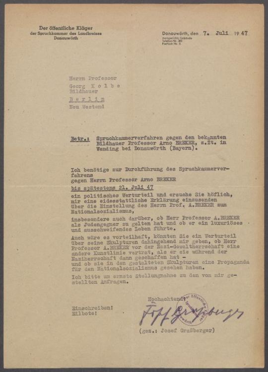 Briefwechsel zwischen Josef Graßberger [Spruchkammer Donauwörth] und Georg Kolbe
