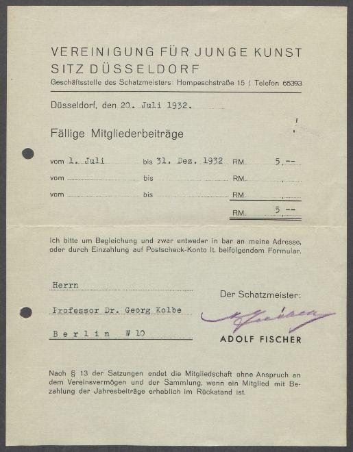 Briefe von Erich Raemisch [Vereinigung für Junge Kunst, Düsseldorf] an Georg Kolbe