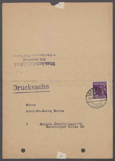 Briefwechsel zwischen der Wilhelm-Busch-Gesellschaft, Hannover und dem Arbeitsausschuss der Georg Kolbe-Stiftung, Berlin