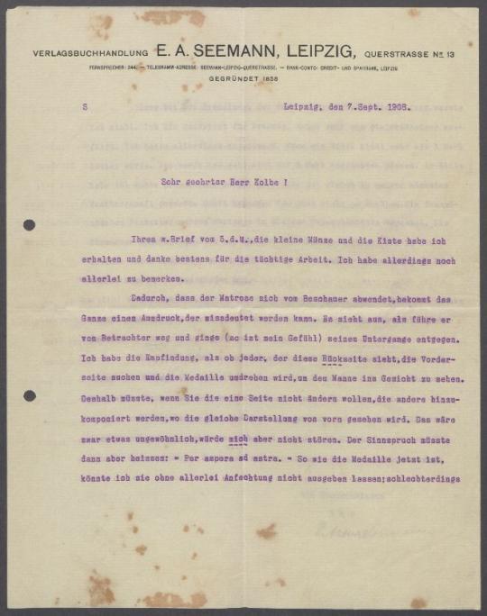 Briefe von Artur Seemann [E. A. Seemann, Leipzig] an Georg Kolbe