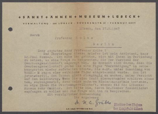 Briefwechsel zwischen dem Museum für Kunst und Kulturgeschichte Lübeck, der Overbeck-Gesellschaft Lübeck und Georg Kolbe