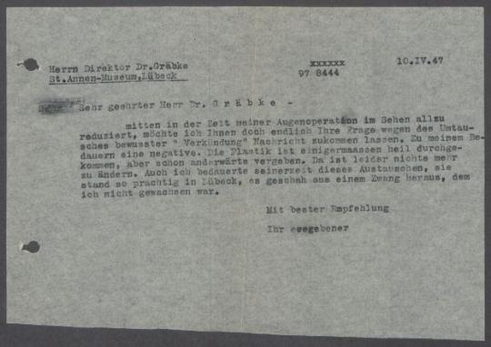 Briefwechsel zwischen dem Museum für Kunst und Kulturgeschichte Lübeck, der Overbeck-Gesellschaft Lübeck und Georg Kolbe