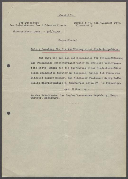 Briefwechsel zwischen dem Landesfinanzamt Magdeburg, der Reichskammer der bildenden Künste und Georg Kolbe