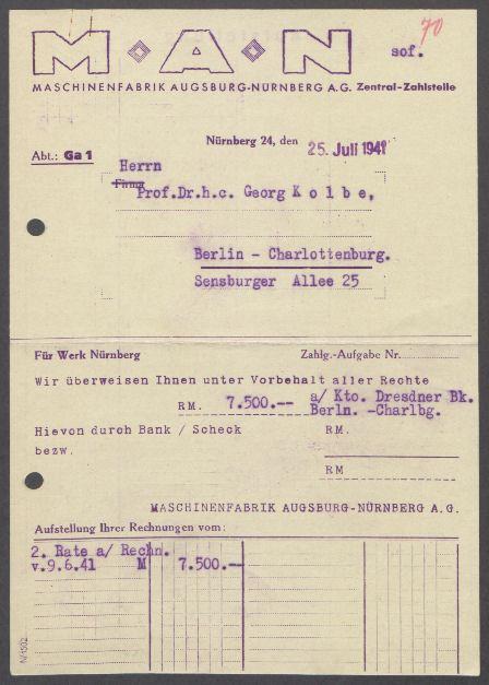 Briefwechsel zwischen Hans Wellhausen [Maschinenfabrik Augsburg-Nürnberg A.G.] und Georg Kolbe
