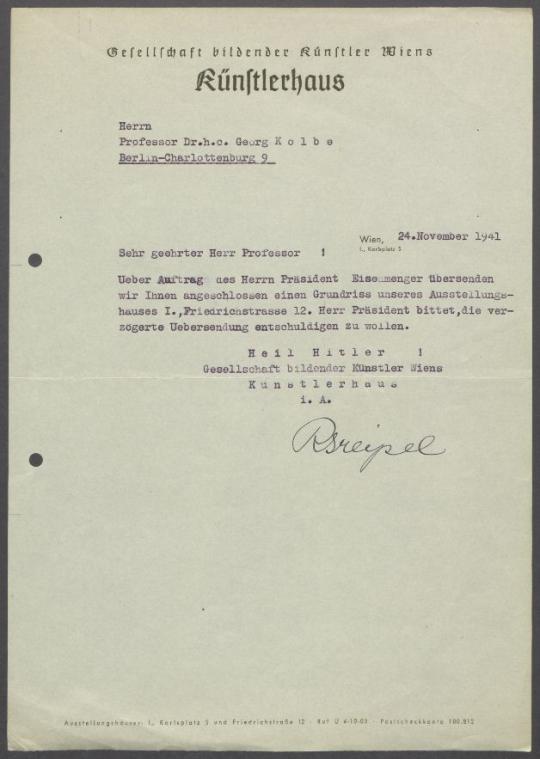 Briefwechsel zwischen Walter Thomas [Generalreferent Reichsstatthalter Wien], Rudolf Eisenmenger [Gesellschaft Bildender Künstler Wiens] und Georg Kolbe