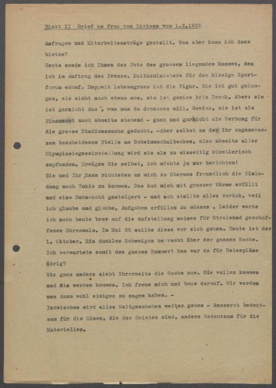 Brief von Georg Kolbe an Hilda von Dirksen