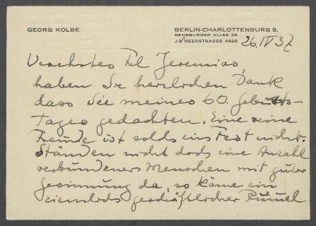 Brief von Georg Kolbe an Ruth Hueter