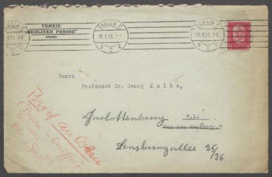 Brief von Georg Kolbe an Max Osborn [Verein Berliner Presse, Berlin]