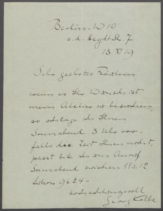 Brief von Georg Kolbe an Bertel Uhlenburg