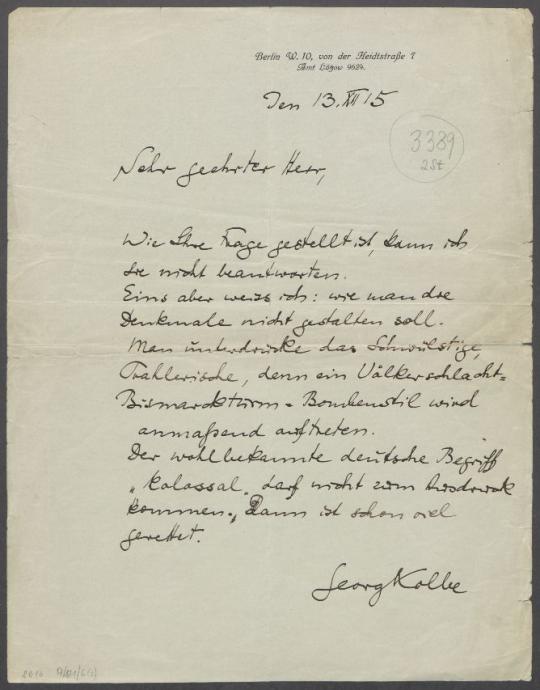 Brief von Georg Kolbe an Unbekannt