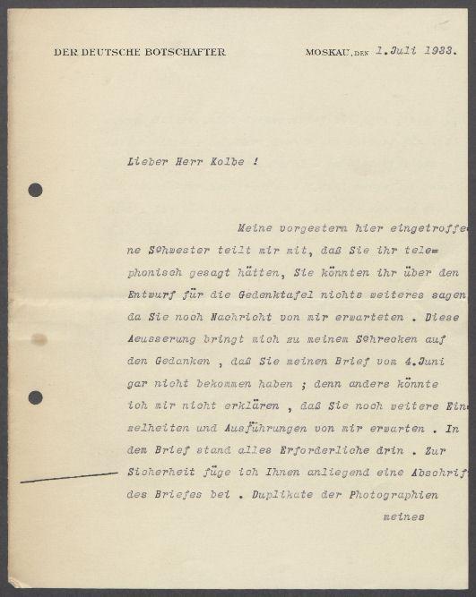 Briefwechsel zwischen Herbert von Dirksen, Alix von Pückler, H. Cronemeyer und Georg Kolbe