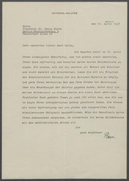 Brief von Paul Ortwin Rave [Nationalgalerie, Berlin] an Georg Kolbe