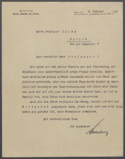Brief von Carl Severing an Georg Kolbe