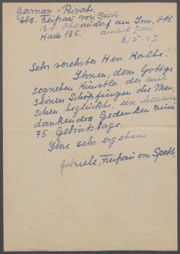 Brief von Gabriele von Speth an Georg Kolbe
