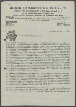 Brief vom Allgemeinen Blindenverein Berlin e.V. an Georg Kolbe