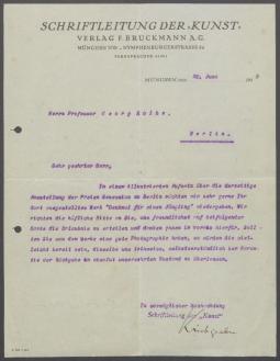 Brief von der F. Bruckmann AG, München an Georg Kolbe
