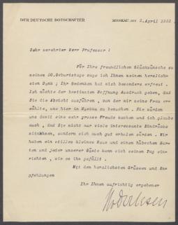 Brief von Herbert von Dirksen [Deutsche Botschaft in Moskau] an Georg Kolbe