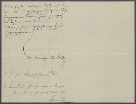 Brief von Herrn von der Goltz an den Marine-Attaché in Konstantinopel