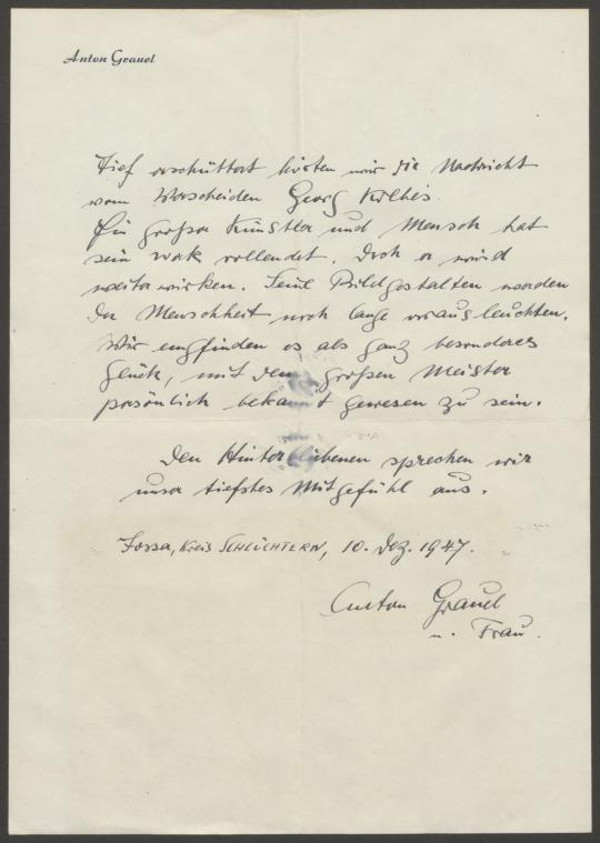 Briefe von Anton Grauel an Georg Kolbe und an die Hinterbliebenen Kolbe/Keudell