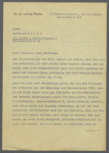 Briefwechsel zwischen Ludwig Hecker und Georg Kolbe