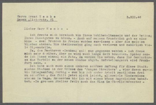 Briefwechsel zwischen Ernst Henke [RWE-Aktiengesellschaft, Essen] und Georg Kolbe