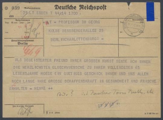 Briefwechsel zwischen Ernst Henke [RWE-Aktiengesellschaft, Essen] und Georg Kolbe