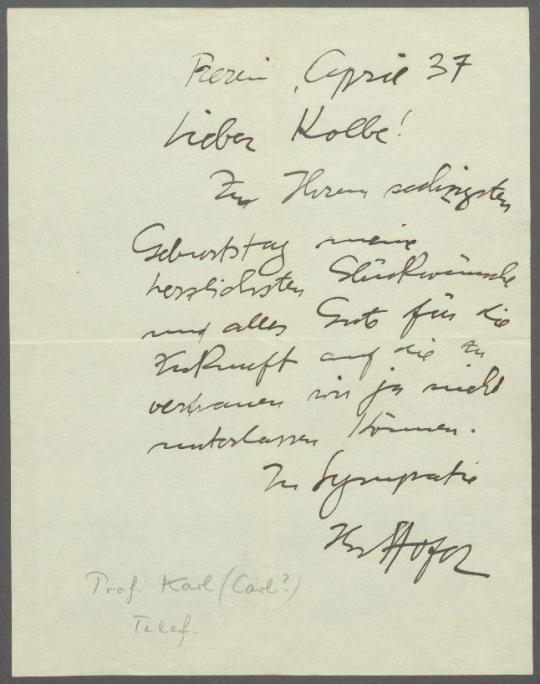 Brief von Karl Hofer an Georg Kolbe