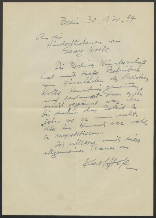 Briefe von Karl Hofer [Hochschule für Bildende Künste, Berlin West] an Georg Kolbe