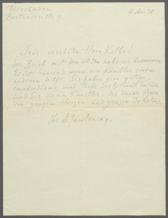 Brief von Alexej von Jawlensky an Georg Kolbe