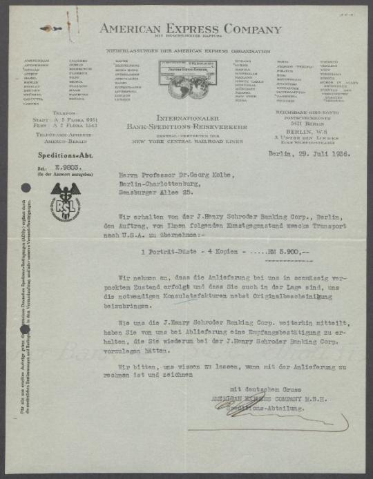 Briefwechsel zwischen Ernest Carlton Kanzler, Georg Kolbe u.a.